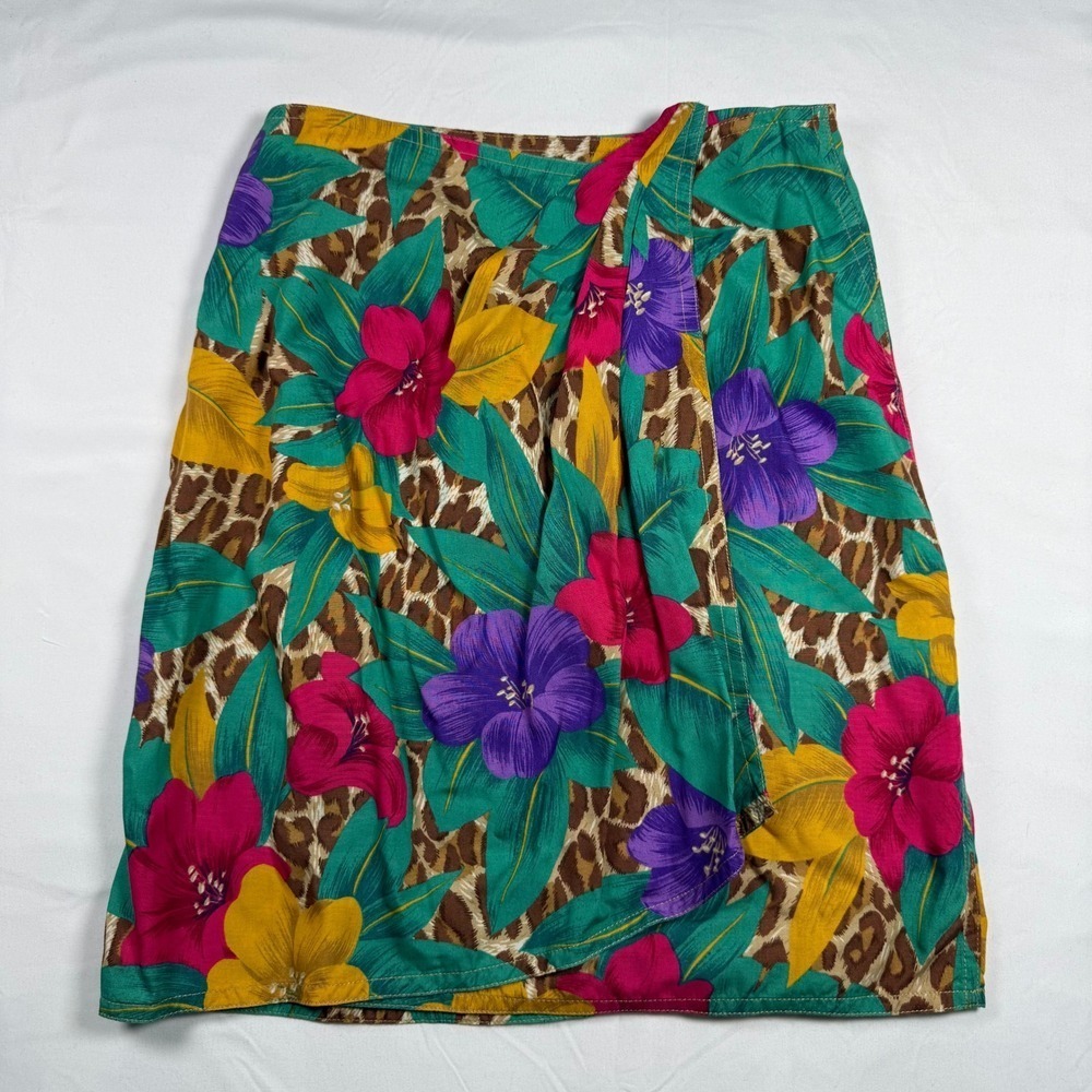 Lizwear Petite Floral Leopard Print Wrap Midi Skirt Women's Size 10